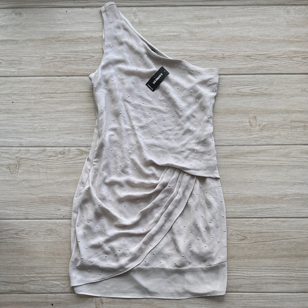 Express One-Shoulder Beaded Nude Mini Dress – Size 0 (NWT)